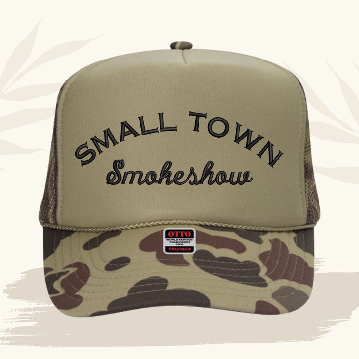 Trucker Hat Stay cool and show off unique style with this Small Town Smokeshow  Trucker Hat. This made-in-house hat is perfect for spring and summer days, especially for girls' nights out. The statement on the cap will surely turn heads and get conversations going. Be prepared to stand out. BULK ORDERS 6 PCS OR MORE! - PLEASE CONTACT US FOR A DISCOUNT CODE BEFORE ORDERING 6 PIECES= 30% OFF 12 PIECES = 40% OFF 24 PIECES = 50% OFF 48 PIECES = 55% OFF 96+ PIECES = 60% OFF All discounts include FREE SHIPPING - Free shipping is USPS Ground Advantage - Upgrade shipping at checkout if you need it quicker. We proudly sell the World Famous OTTO CAP 5 Panel High Crown Mesh Back Trucker Hat. These hats are 100% Polyester Front 100% Polyester Mesh Back The Traditional Look 5-panel cap Seamless Foam Fr Vintage Curved Bill Snapback Hat For Spring, Adjustable Trucker Mini Hat With Curved Brim, Spring Outdoor Trucker Hat With Curved Brim, Summer Cotton Trucker Hat With Short Brim, Spring Outdoor Snapback Hat With Curved Bill, Snapback Hat With Short Brim For Spring, Outdoor Spring Snapback Hat With Curved Bill, Curved Bill Snapback Hat For Spring Outdoor, Hip Hop Curved Brim Hat For Spring