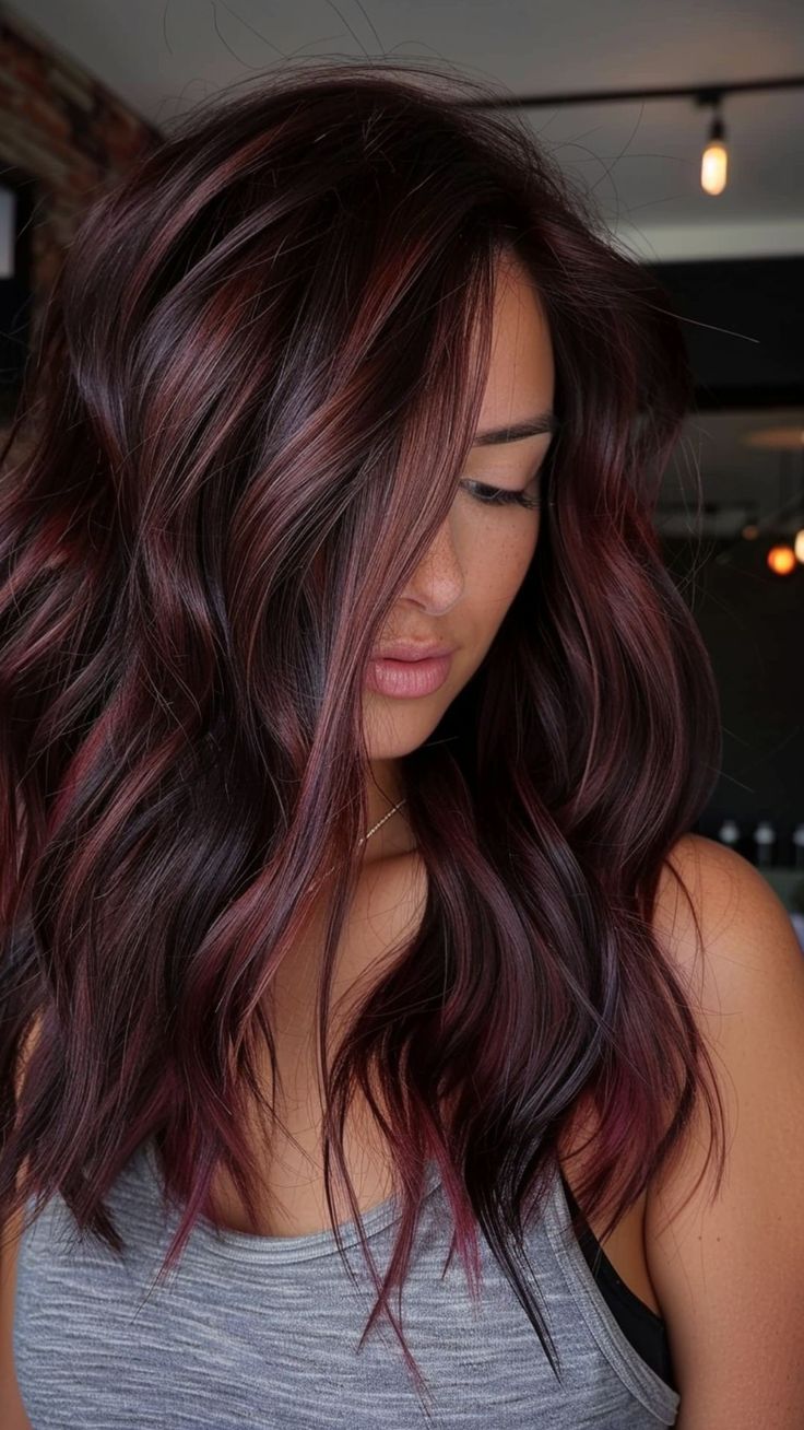 25 Burgundy Hair Ideas for an Elegant Makeover Merlot Highlights On Brown Hair, Dark Hair With Some Color, Dark Colors For Hair, Brunette Hair For Summer 2024, Burgundy Hair Lowlights, Hair Color Ideas Wine Red, Red Violet Money Piece, Red Hair Color For Dark Hair, Black Hair With Wine Red Highlights