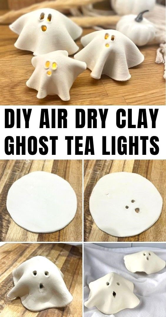 diy air dry clay ghost tea lights with instructions to make them look like they are floating