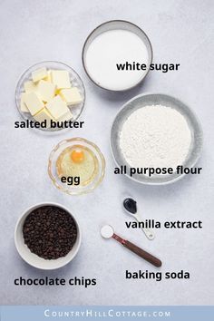 ingredients to make chocolate chip cookies laid out on a white table with words describing the ingredients