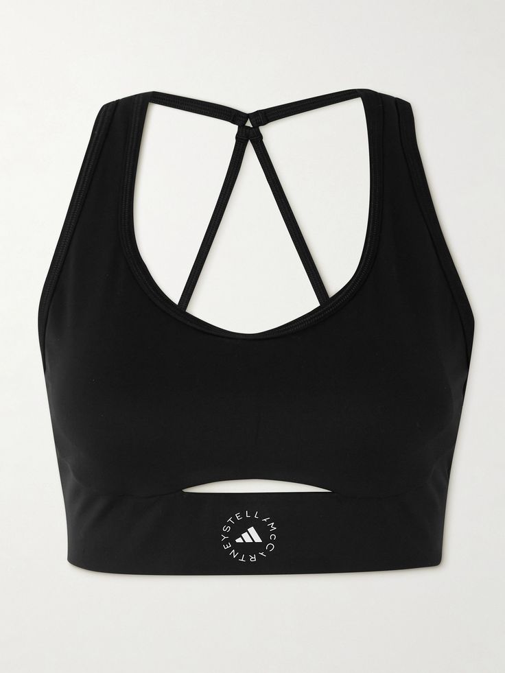 A lattice of slim back straps give adidas by Stella McCartney's 'TrueStrength' sports bra total ease of movement. With compressive, medium support ideal for circuits, dance or spin class, it's made from smooth recycled stretch-jersey with a breezy cutout in the underband, and removable cup padding. Adidas Athleisure Activewear, Adidas Functional Activewear For Workout, Functional Adidas Activewear For Workout, Adidas Logo Functional Activewear For Workout, Functional Three Stripes Activewear For Gym, Functional Running Activewear With Three Stripes, Functional Activewear With Three Stripes Branding For Sports Events, Functional Activewear For Sports Events, Functional Stretch Activewear With Adidas Logo