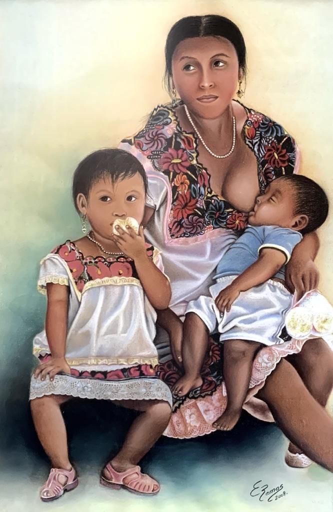 a woman and two children sitting next to each other in front of a white background