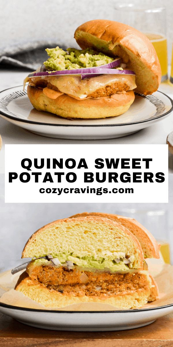 two plates with sandwiches on them and the words quinoa sweet potato burgers