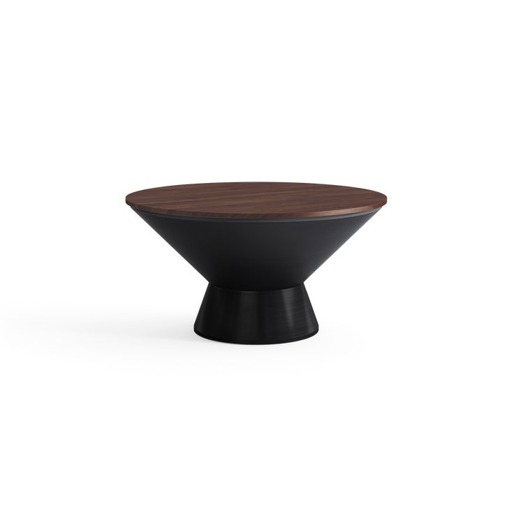 a wooden table with black legs and a brown top, on a white background in the shape of a cone