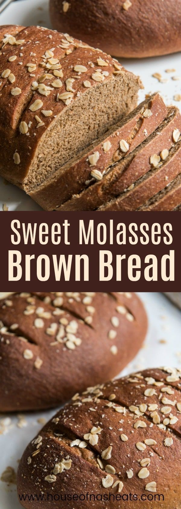 sweet molasses brown bread with sesame seeds on top and in the background text reads, sweet molasses brown bread