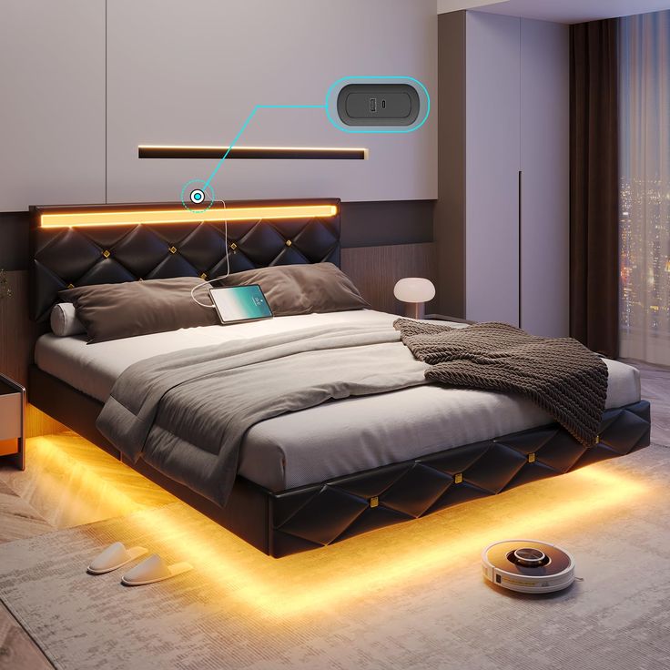 a bed with lights on the headboard and foot board, in a bedroom setting