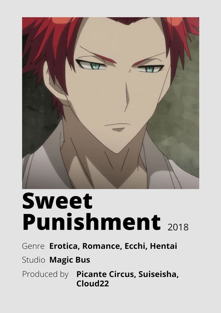 an anime character with red hair in front of a poster for the movie sweet punishment