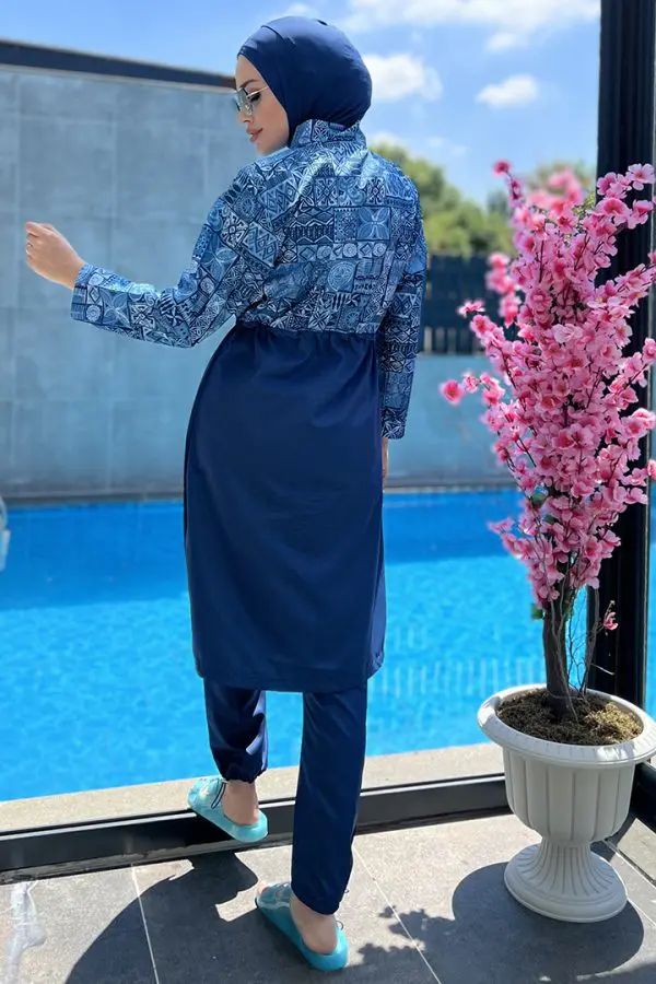 Burkini Abu Dhabi | Burkini Remsa Blue Beachwear Sets For Poolside, Blue Stretch Sets For Pool, Blue Stretch Swimwear Sets For Pool, Blue Stretch Swim Sets For Pool, Blue Tile Patterns, Full Coverage Swimsuit, Blue Tile, Tile Pattern, Swimwear Brands