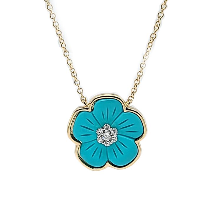 14 Karat Yellow Gold Flower Pendant Necklace Featuring A 1.65 Carat Carved Turquoise Accented by 7 Round Diamonds of SI Clarity and G/H Color Totaling 0.06 Carats. Adjustable Length 16 - 18 Inches with Lobster Clasp. Turquoise Jewelry With Flower Charm, Elegant Turquoise Jewelry With Flower Charm, Turquoise Flower Charm Jewelry, Fine Jewelry Blue Necklace With Flower Pendant, Turquoise Flower Necklace With Flower Charm, Elegant Turquoise Flower Pendant Jewelry, Turquoise Flower Charm Pendant Jewelry, Turquoise Sterling Silver Flower Pendant Necklace, Fine Jewelry Blue Flower Pendant Necklace