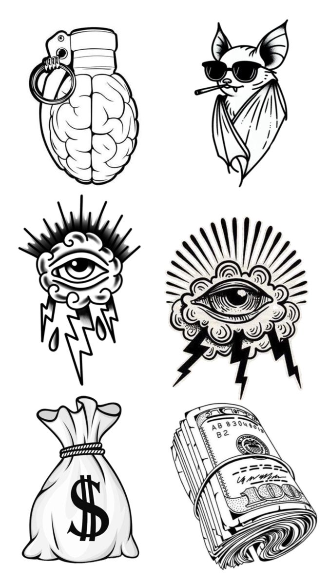 four different types of tattoos with money bags and eyeballs on them, including one in