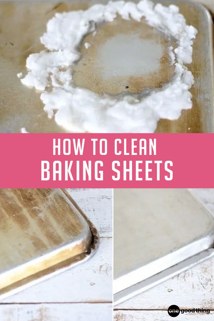 how to clean baking sheets on a cutting board with text overlay that reads, how to clean baking sheets