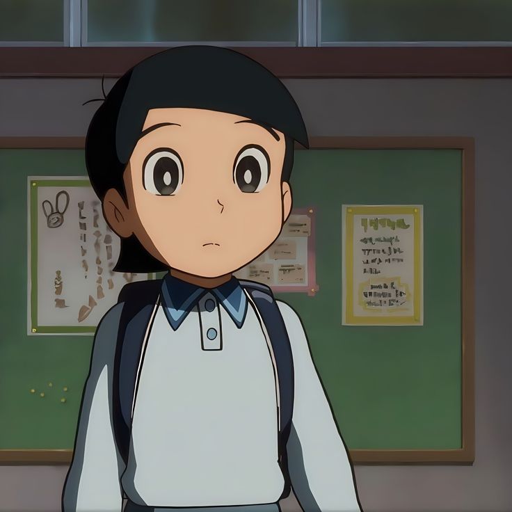 an animated image of a young boy in uniform looking at the camera while standing next to a bookshelf