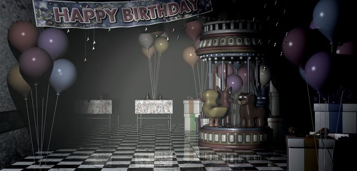 an animated birthday party scene with balloons and decorations