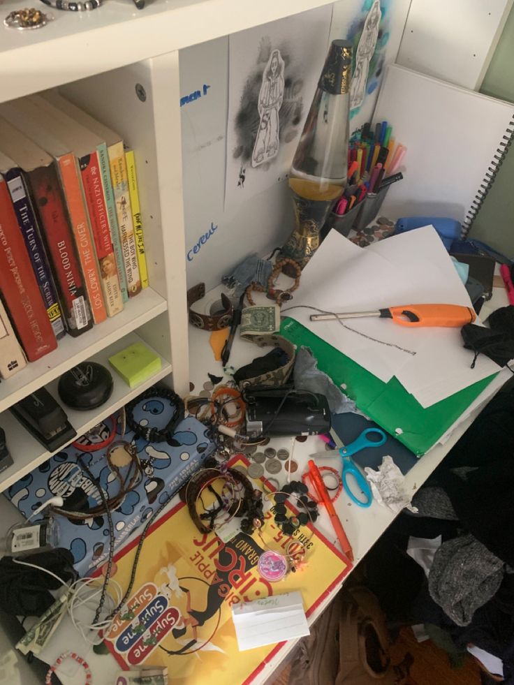 a cluttered desk with books, papers and other items on it's shelves