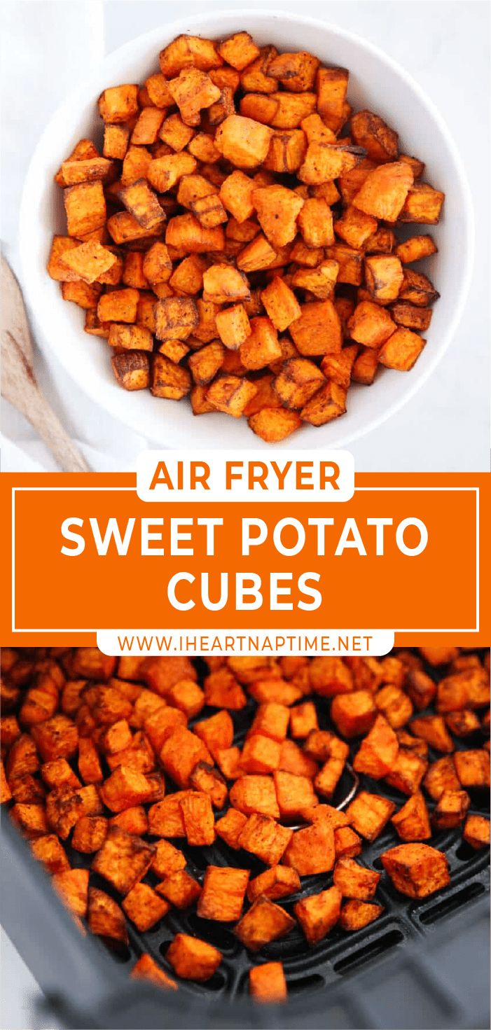 air fryer sweet potato cubes in a white bowl with text overlay that reads, air fryer sweet potato cubes