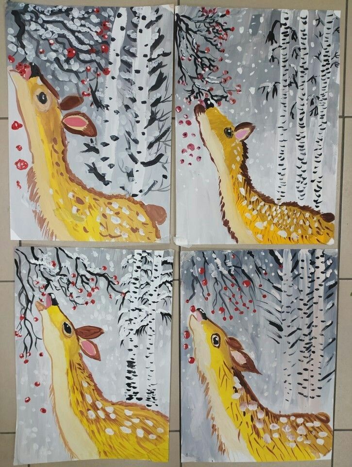 four paintings of deer in the woods with berries on their nose and noses, all painted by hand