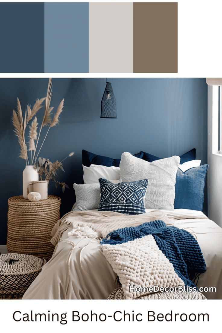 a bedroom with blue walls, white bedding and brown accents is featured in the article calming boho - chic bedroom