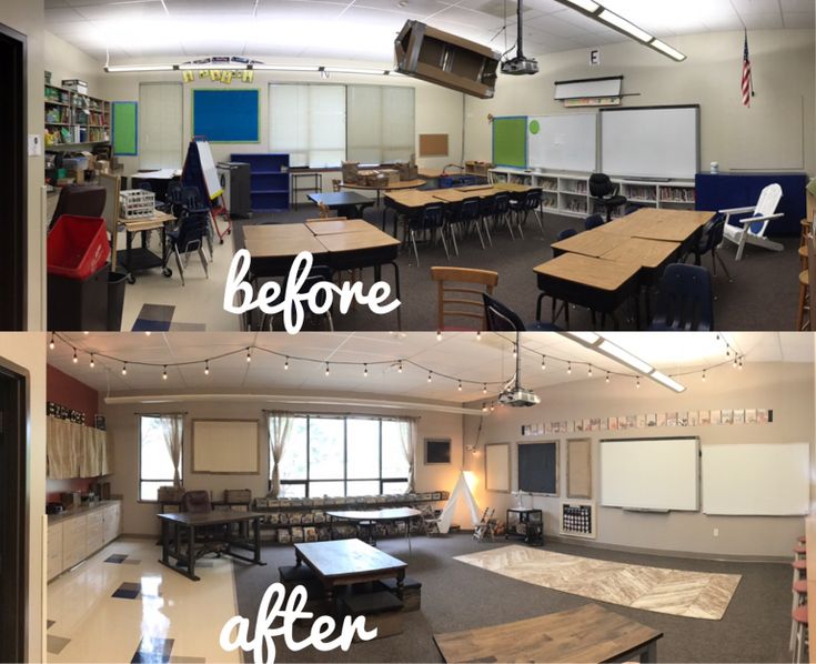 before and after photos of a classroom with desks, chairs, and projection screen