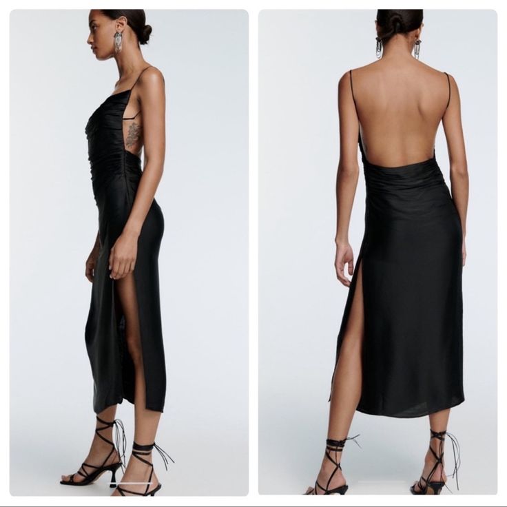 Zara Dress Sleek Maxi Slip Dress For Spring, Sleek Maxi-length Slip Dress For Spring, Sleek Maxi Length Slip Dress For Spring, Casual Knee-length Backless Dress For Spring, Spring Knee-length Backless Dress, Knee-length Backless Spring Dress, Knee-length Backless Dress For Spring, Sleek Summer Evening Maxi Dress, Chic Backless Spring Midi Dress