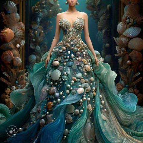 a woman in a dress made out of seashells is standing in front of an underwater scene