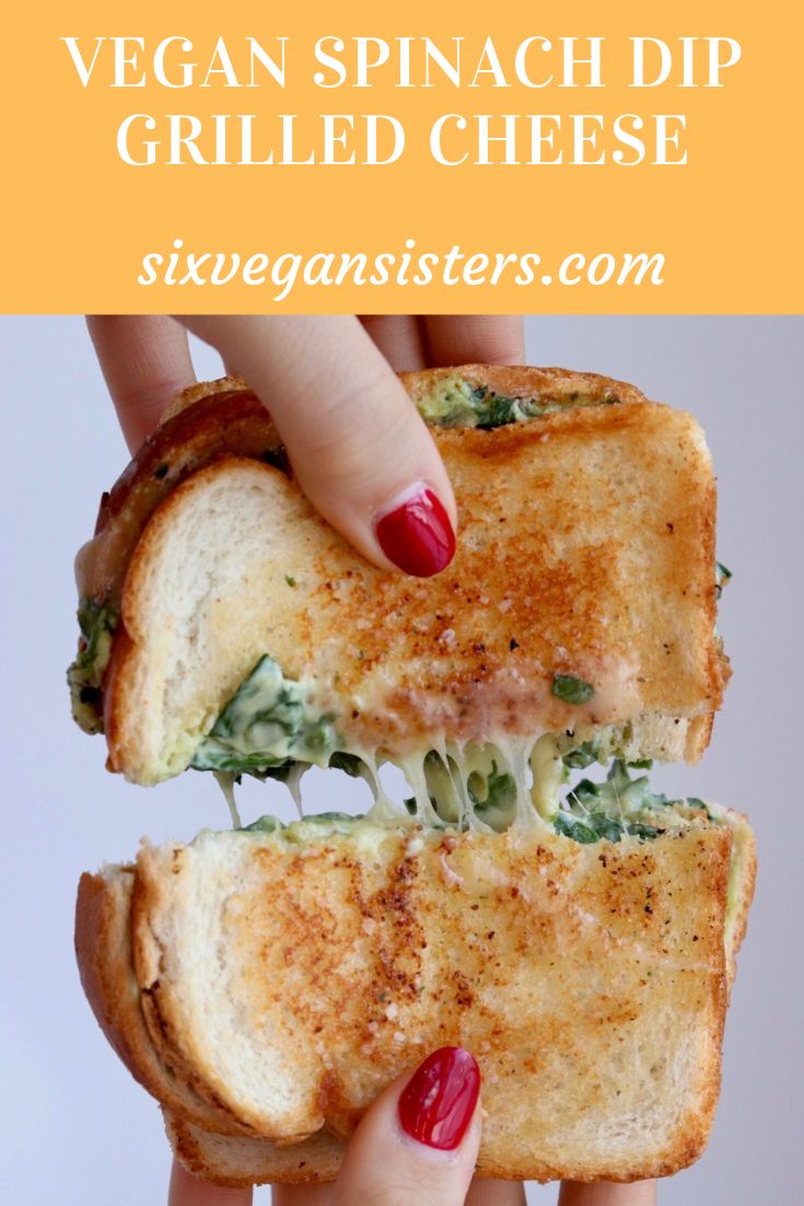 a person holding up a sandwich with spinach and cheese on it in front of the words vegan spinach dip grilled cheese