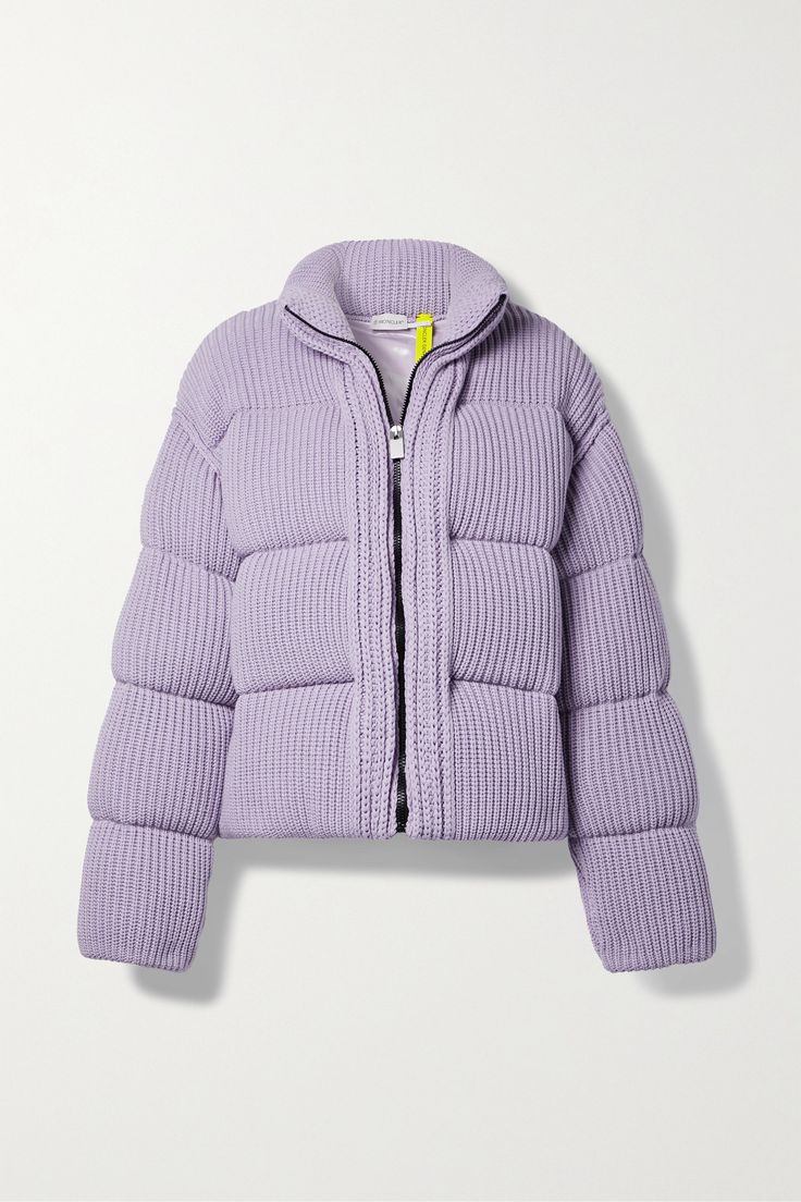 Moncler Genius' jacket is made from sumptuous ribbed-knit that's blended with a hint of wool for softness and warmth. It comes in a pretty lilac hue and has a quilted finish to evenly distribute the insulating down. Ski Jacket Outfit, Libra Style, Moncler Jacket Women, Moncler Sweater, Accessories Png, Mountain Trip, Cashmere Sweater Men, Moncler Genius, Weather Outfits