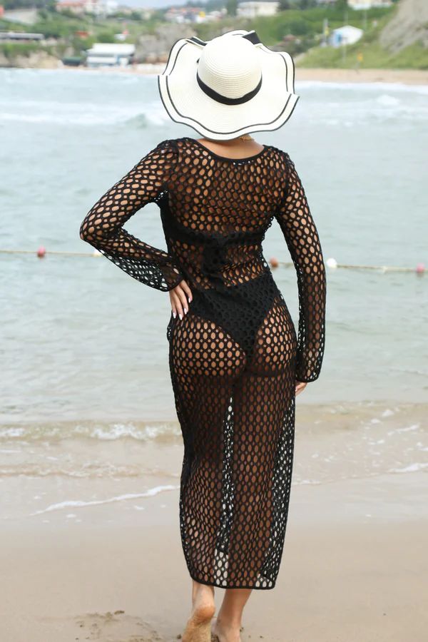 Fishnet Cover Dress – 9Teen Boutique Black Stretch Cover-up For Beach Season, Chic Hollow Out Beach Cover-up, Stretch Cover-up For Beach Season Festival, Long Sleeve Beach Dress For Party, Summer Fishnet Swimwear For Beach, Summer Beach Fishnet Swimwear, Chic Long Sleeve Beach Cover-up, Fitted Long Summer Cover-up, Summer Long Sleeve Beach Dress For Party