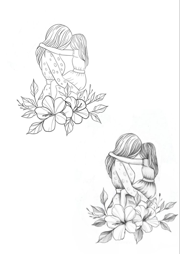 a drawing of two girls hugging each other with flowers in the foreground and one girl holding her head