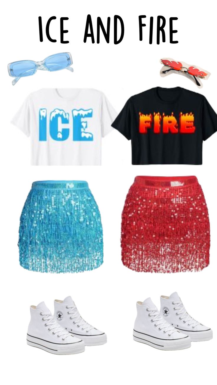 four different outfits with the words ice and fire on them