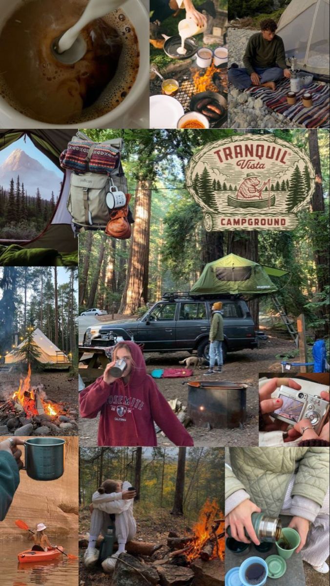 a collage of pictures with people camping in the woods and drinking hot chocolate from mugs