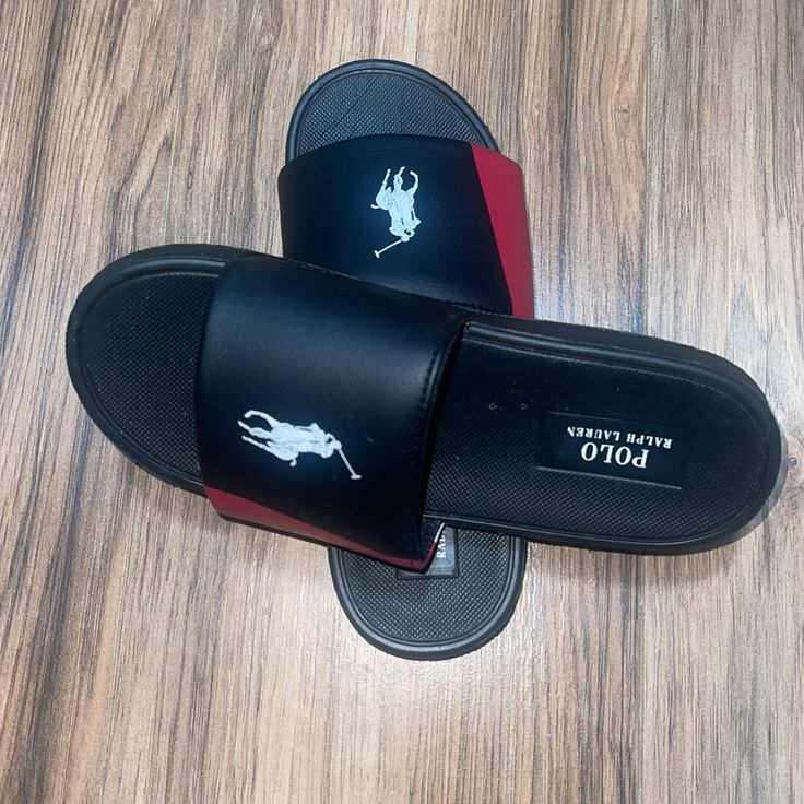 !!New!! Boys Polo Slides Casual Sandals With Red Sole, Black Flat Slides With Rubber Sole, Casual Black Sandals With Red Sole, Black Non-slip Flat Slides, Trendy Black Flat Slides, Casual Black Leather Slides, Polo Slides, Baby Flip Flops, Mules Shoes Flat