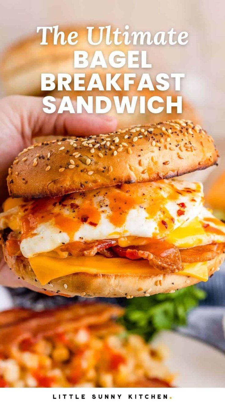 the ultimate bagel breakfast sandwich with cheese and bacon