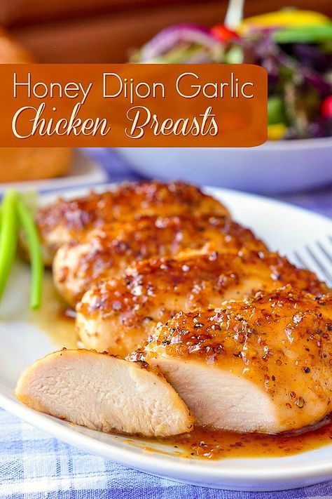 Honey Dijon Garlic Chicken Breasts. Boneless skinless chicken breasts quickly baked in an intensely flavoured honey, garlic and Dijon mustard glaze. #chickendinner #quickandeasymeals #mealprep #mealplanning #chickenbreastrecipes Quick Delicious Dinner, Honey Dijon, Think Food, Boneless Skinless Chicken, Idee Pasto Sano, Honey Garlic, Garlic Chicken, Boneless Skinless Chicken Breast, Skinless Chicken Breast