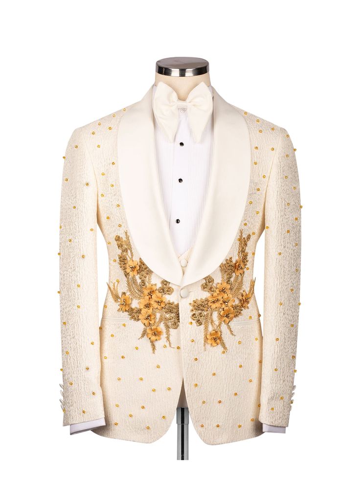 Men's Shawl Lapel Cream and Gold Embellished Three Piece Tuxedo Three Piece Tuxedo, Gold Tuxedo, Tuxedo Colors, Custom Tuxedo, Master Tailor, Jodhpur Boots, Suit Hangers, White Tuxedo, Botas Chelsea