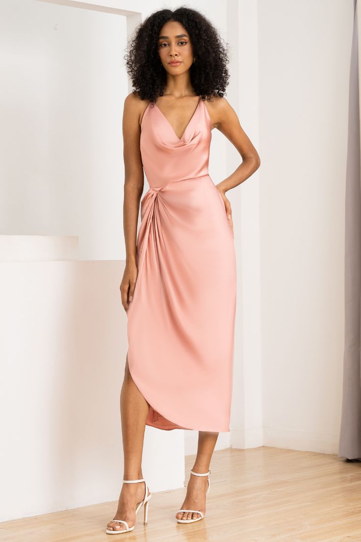 Discover elegance with our cocktail blush dress, featuring sophisticated draping at the neck and a daring open back. Crafted from smooth viscose fabric, it falls gracefully to a midi length hem, perfect for upscale events. The soft blush tone and seamless fit ensure a timeless, chic look. LENGTH: 48" FROM HP FABRICATION: VISCOSE SATIN STYLE#. DR-21184 Blush-BLUSH-S24 *Dry Clean or wash on cold and hang flat to dry *Model is wearing size XS Jacket For Dress, Muse Dress, Grey Wedding Invitations, Blush Dress, Party Cocktail Dress, Brocade Dress, Timeless Chic, Yumi Kim, Draped Neckline