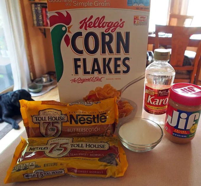 ingredients for corn flakes laid out on a table