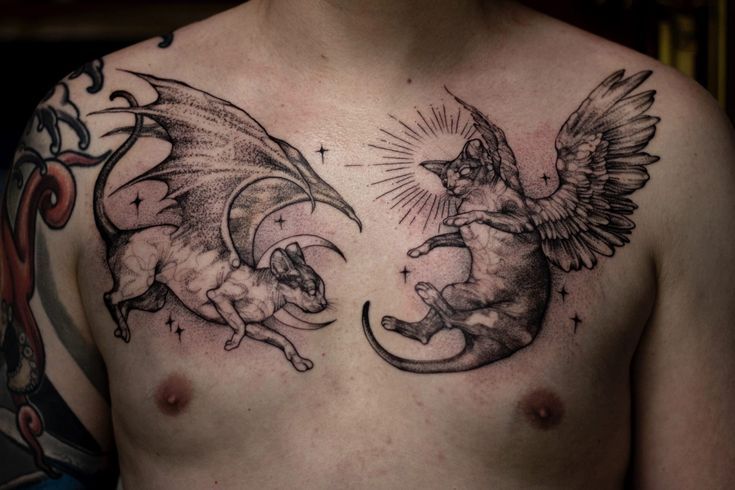 a man with tattoos on his chest has two cats and a dragon in the middle