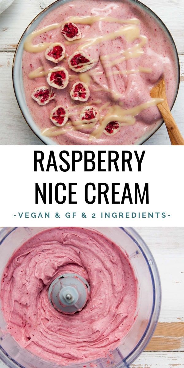 raspberry nice cream recipe in a food processor with the words, vegan & gf ingredients