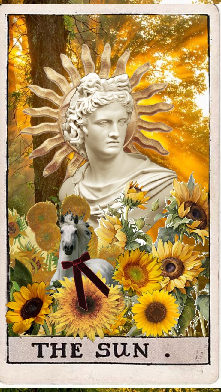 the sun tarot card with an image of a woman surrounded by sunflowers