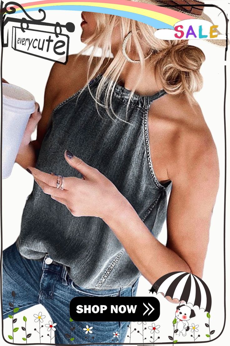 Gray Halter Neck Denim Tank Top Denim Halter Top, Denim Tank Top, Denim Tank, Cover Beachwear, Denim Chic, Clubwear Dresses, Halter Tops, Puffed Sleeves Dress, Summer Style Casual