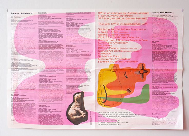 an open magazine with pink and yellow designs on it's pages, including a cat