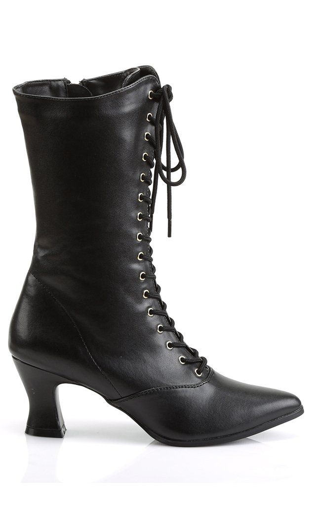 VICTORIAN-120 Blk Pu Boots-Funtasma-Tragic Beautiful Victorian Heeled Boots, Gothic Lace-up Leather Heeled Boots, Black Lace-up Boots With Reinforced Heel In Calf Leather, Gothic High Heel Fitted Lace-up Boots, Victorian Lace-up Boots With Leather Sole, Victorian Boots, Pu Boots, Shoe Size Conversion, Lace Up Ankle Boots