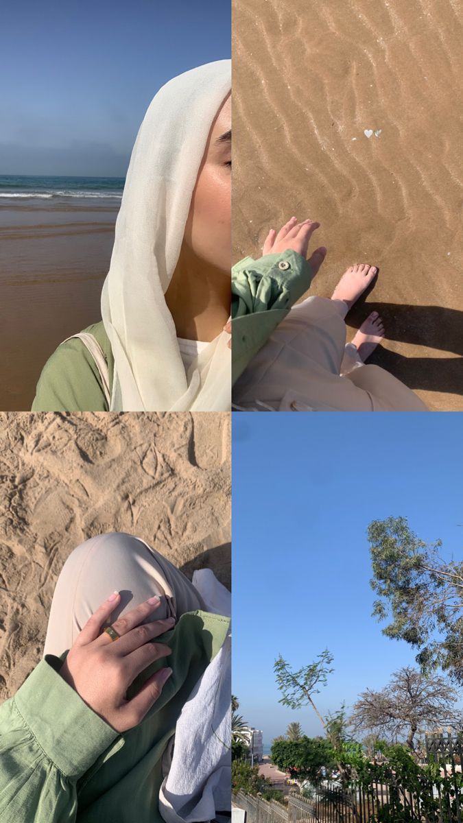 four different pictures of a woman with her hands in her mouth and sand on the beach