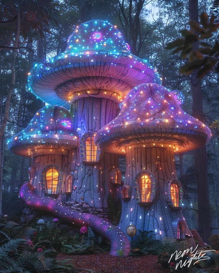 a mushroom house with lights on it in the woods