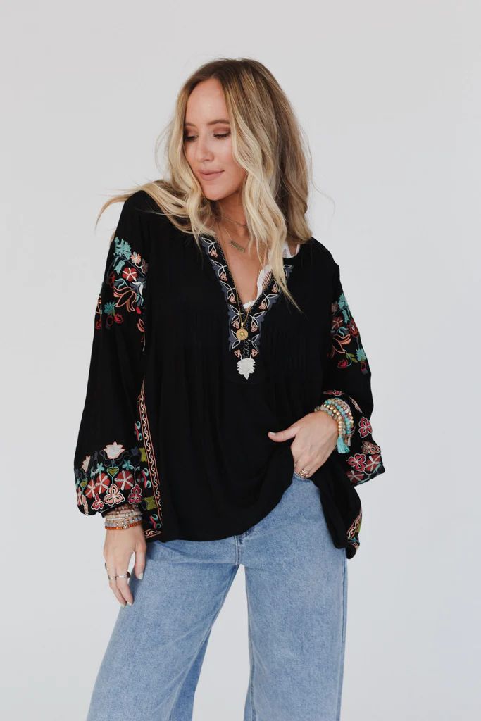 Frida Embroidered Dolman Sleeve Top - Black | Three Bird Nest Boho Wardrobe, Dolman Sleeve Top, Three Bird Nest, Boho Outfit, Notched Neckline, Padded Bralette, Dolman Sleeve Tops, Bird Nest, Tunic Length