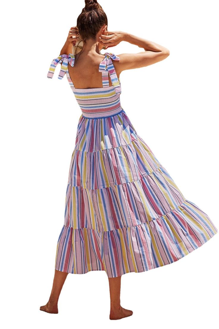 F00158845-114 Multicolor Midi Dress With Tie Straps, Multicolor Midi Length Dress With Tie Straps, Summer Multicolor Dresses With Adjustable Straps, Striped Sleeveless Maxi Dress With Ruffles, Sleeveless Striped Maxi Dress With Ruffles, Flowy Cotton Dresses With Tie Straps, Cotton Tiered Dress With Adjustable Straps, Multicolor Dress With Tie Straps For Garden Party, Tiered Cotton Dress With Adjustable Straps