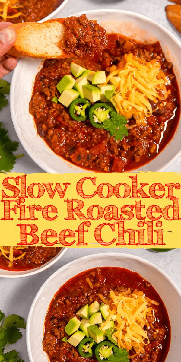 two bowls of slow cooker fire roasted beef chili