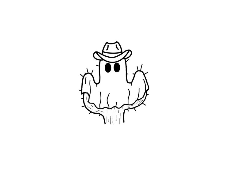 a black and white drawing of a cactus wearing a hat