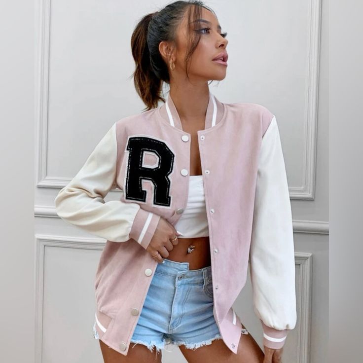 Nwot Pink & White Letter Patched Varsity Jacket Size Womens Small / Eu 36 / Us 4 Long Sleeve Button Closure Relaxed Fit / Oversized Lightweight Letter “R” 100% Polyester Made In China Nwot Brand New Without Tags, Never Worn Sign Up For Poshmark With My Code Kayclothesxoxo And Get $10 Off Your First Purchase (: Tags: Outerwear, Coat, Relaxed Fit, Casual, Neutral, Game Day, Sports, Athlete, Black, Spring Summer Fall Winter, Sorority, Everyday, Vacation, Athletic, Athleisure, Gym, Lightweight, Colo Pastel Streetwear, Army Jacket Women, Retro Loungewear, Preppy Trends, Vintage Army Jacket, Panel Jacket, Varsity Sweater, Rain Jacket Women, Adidas Track Jacket