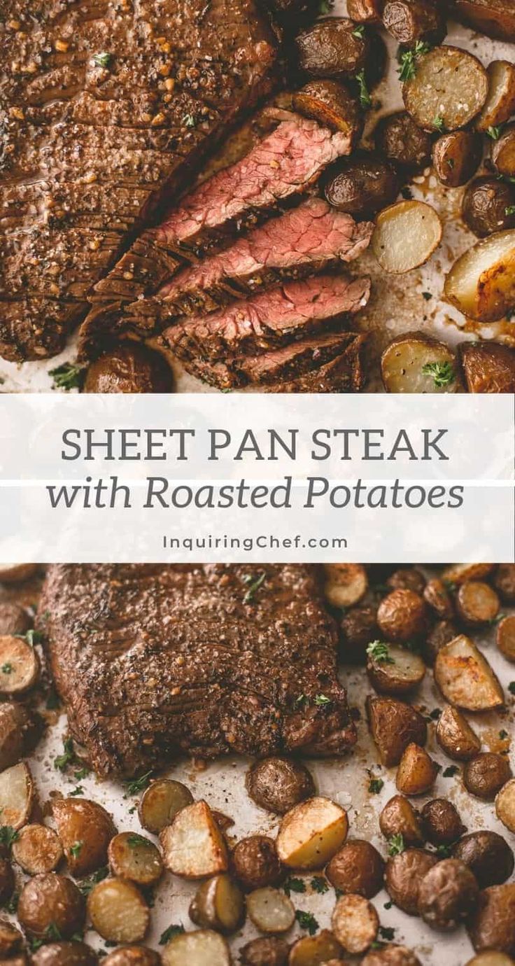 steak with roasted potatoes on the side and text overlay that reads sheet pan steak with roasted potatoes